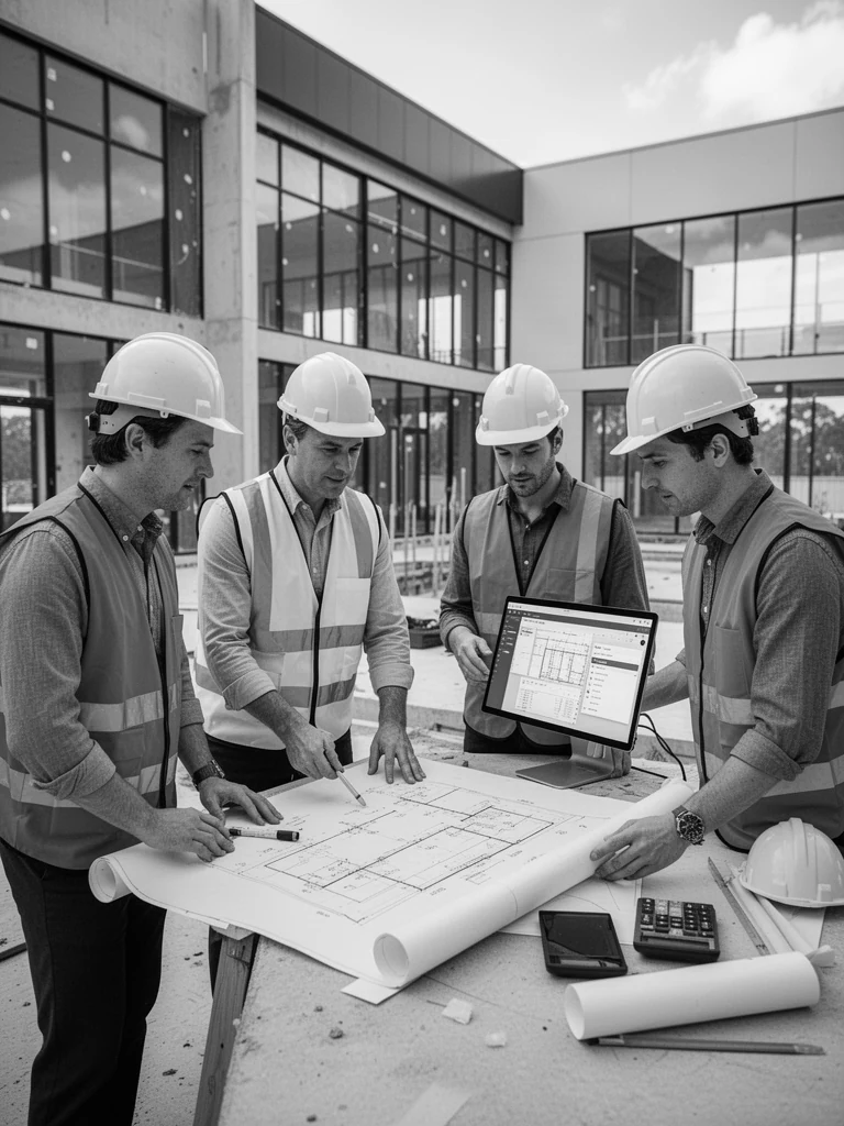 Representative construction and property project team collaborating on site